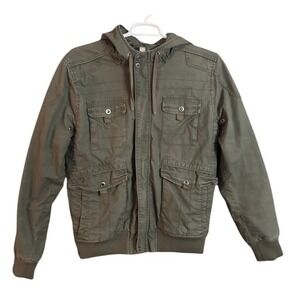 H M Divided Mens Green Hooded Utility Jacket Size L Map Lined